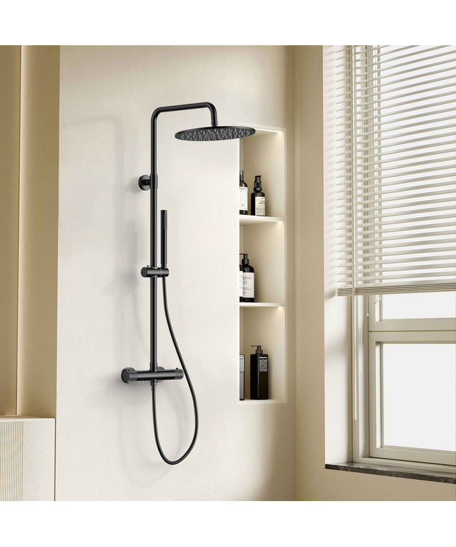 Aloni STRIA set de ducha tipo lluvia termostático - Cool Touch - ducha fija 30 cm - de superficie - botones con estructura acanalada - PVD negro mate