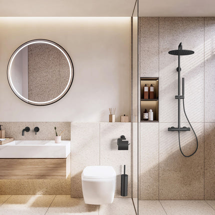 Aloni STRIA set de ducha tipo lluvia termostático - Cool Touch - ducha fija 30 cm - de superficie - botones con estructura acanalada - PVD negro mate