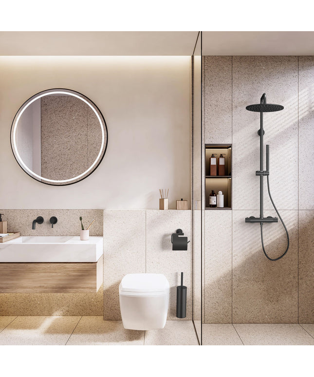 Aloni STRIA set de ducha tipo lluvia termostático - Cool Touch - ducha fija 30 cm - de superficie - botones con estructura acanalada - PVD negro mate