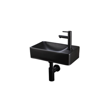 Juego completo de fuente ALONI Essi - fuente derecha - grifo, sifón y tapón de desagüe - negro mate - 38x22 cm