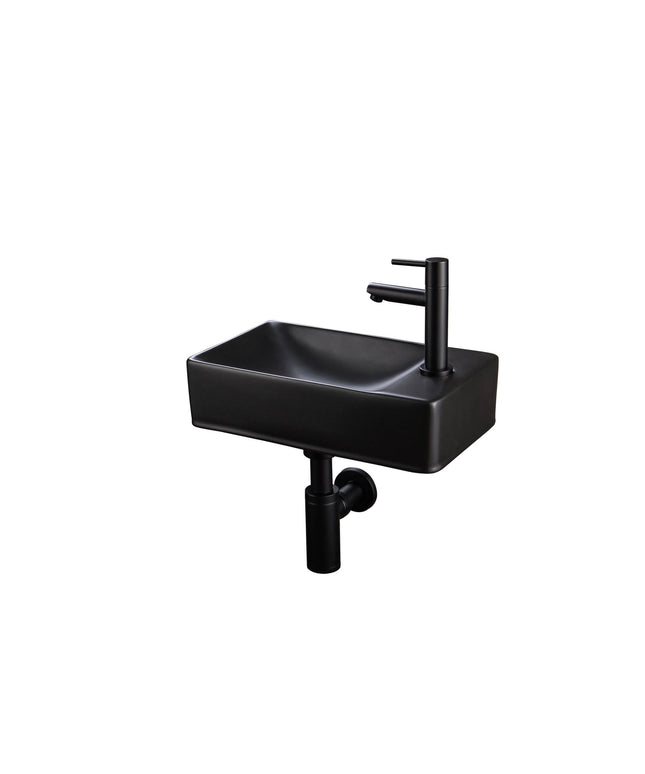 Juego completo de fuente ALONI Essi - fuente derecha - grifo, sifón y tapón de desagüe - negro mate - 38x22 cm