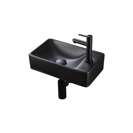 Juego completo de fuente ALONI Essi - fuente derecha - grifo, sifón y tapón de desagüe - negro mate - 38x22 cm