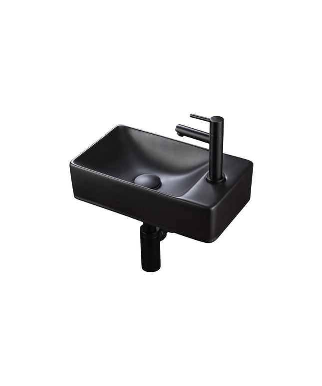 Juego completo de fuente ALONI Essi - fuente derecha - grifo, sifón y tapón de desagüe - negro mate - 38x22 cm