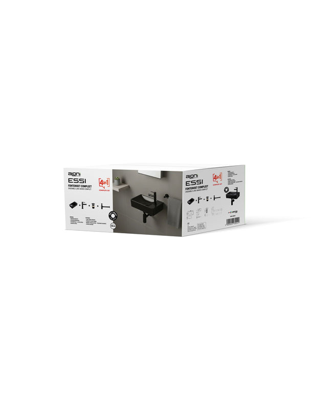 Juego completo de fuente ALONI Essi - fuente derecha - grifo, sifón y tapón de desagüe - negro mate - 38x22 cm