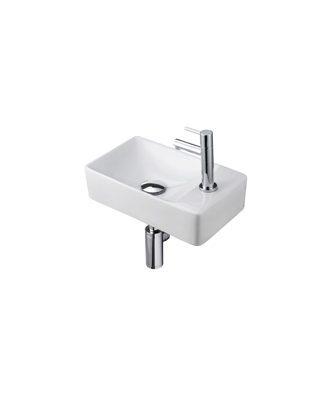 Conjunto completo de fuente ALONI Essi - fuente derecha - grifo, sifón y tapón de desagüe - blanco brillante - cromo - 38x22 cm