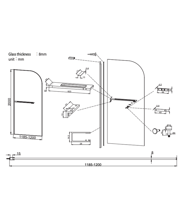 Aloni CURVY Chuveiro com porta-toalha - Curvo - Vidro de segurança de 8 mm - 120x200 cm - Preto fosco - Anti-calcário - Vidro fumê cinza