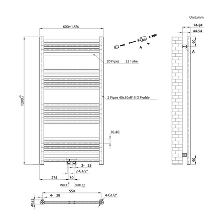 Radiateur sèche-serviettes BELRAD 1200x600 mm - Cuivre - 414W
