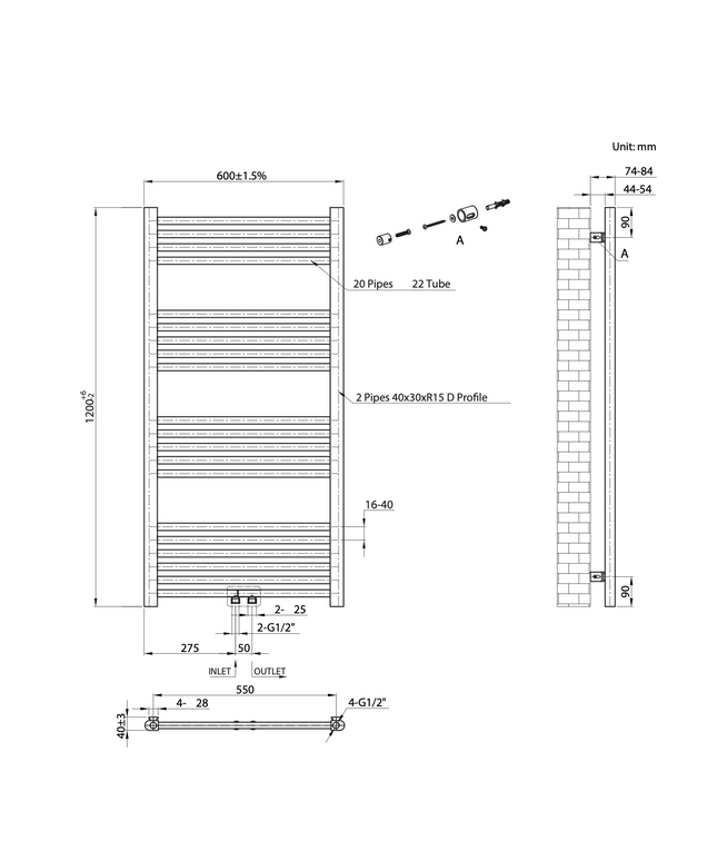 BELRAD handdoekradiator 1200x600 mm - Koper - 414W