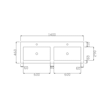 DutchLine - Atlanta Wastafel 140 Dubbele Wasbak - Glans Wit - 2 Kraangaten