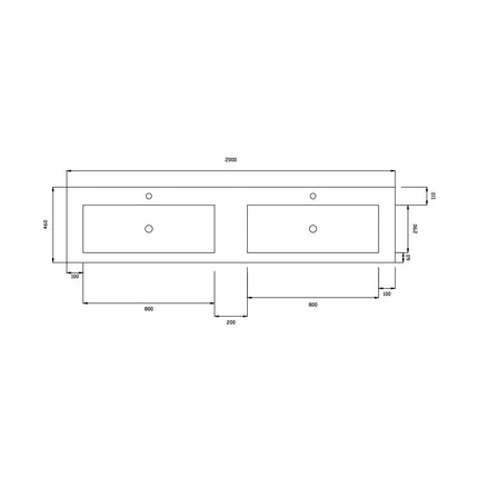 DutchLine - Atlanta Wastafel 200 Dubbele Wasbak - Mat Wit - 2 Kraangaten