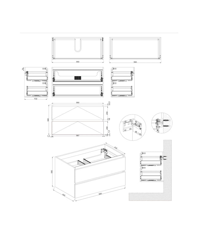 Dutchline Badmeubel Onderkast - Uludag - 100x46cm - 2 Lades - 1 Uitsparing