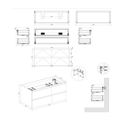 Dutchline Badmeubel Onderkast – Mat Grijs – 120x46cm – 4 Lades – 2 Uitsparingen