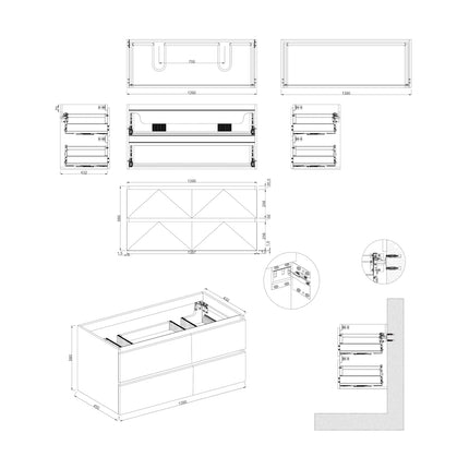 Dutchline Badmeubel Onderkast – Mat Grijs – 140x46cm – 4 Lades – 2 Uitsparingen