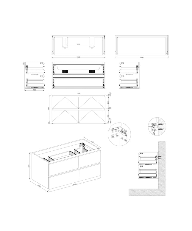 Dutchline Badmeubel Onderkast – Mat Grijs – 140x46cm – 4 Lades – 2 Uitsparingen