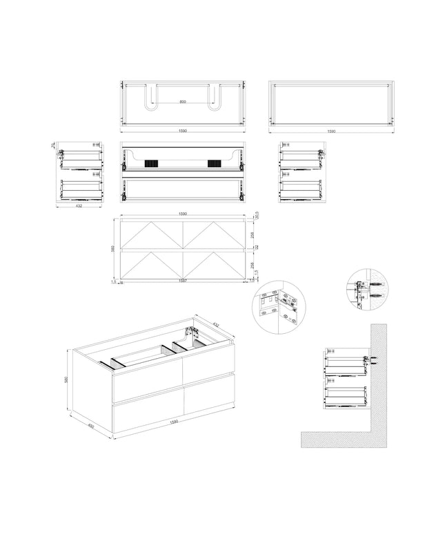 Dutchline Badmeubel Onderkast – Mat Grijs – 200x46cm – 4 Lades – 2 Uitsparingen