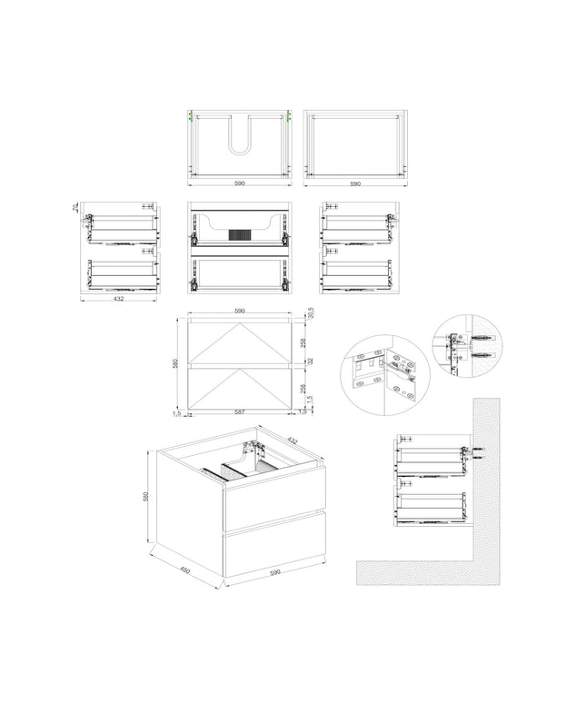 Dutchline Badmeubel Onderkast – Mat Zwart – 60x46cm – 2 Lades – 1 Uitsparing