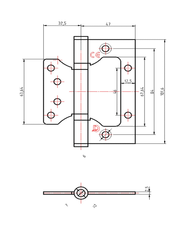 DutchLine - Scharnier zonder frees-werk - Mat Zwart - 101.6x79.5mm