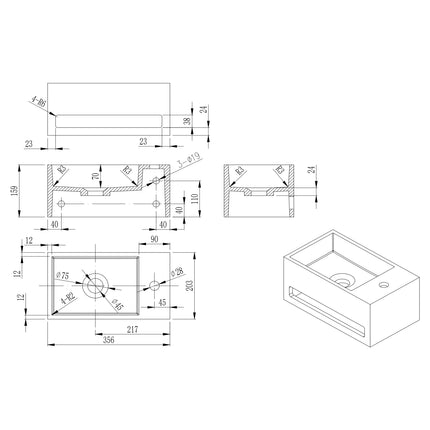 DutchLine - Solid.Surface Fontein Met Handdoekrek - Mat Wit Rechts - 356x203x159mm