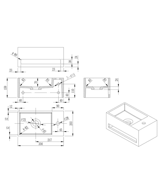 DutchLine - Solid.Surface Fontein Met Handdoekrek - Mat Wit Rechts - 356x203x159mm