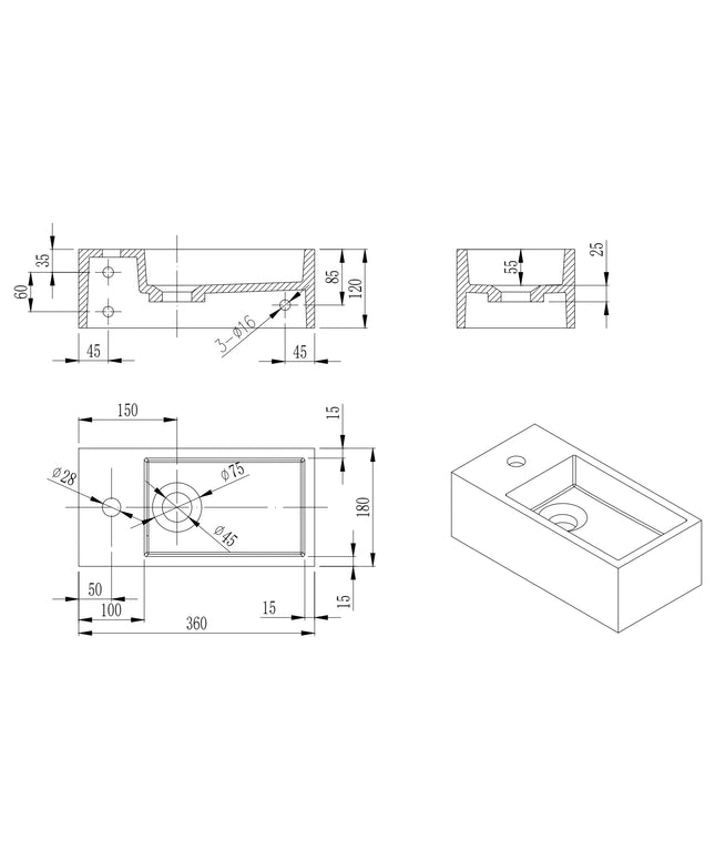 DutchLine - Solid.Surface Fontein - Glans Wit Rechts - 360x180x120mm