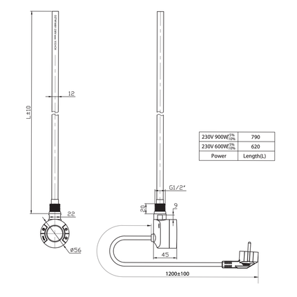 Radiador de baño de Belrad 1800x500mm - Chrome - Conexión central - 575W