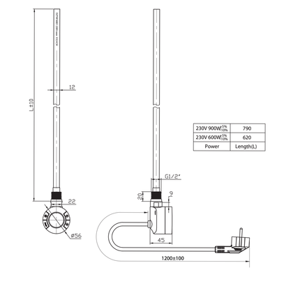 Radiador de baño de Belrad 1800x500mm - Chrome - Conexión central - 575W