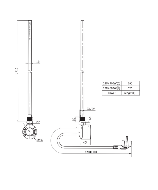 Radiador de baño de Belrad 1800x500mm - Chrome - Conexión central - 575W