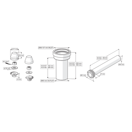 ALONI aansluitset voor hangtoilet – Recht – Aan- en afvoer – Ø90/45 – Zwart