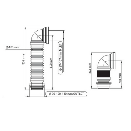 ALONI flexibel WC aansluitstuk – Bocht 90° – Conisch Ø90-110
