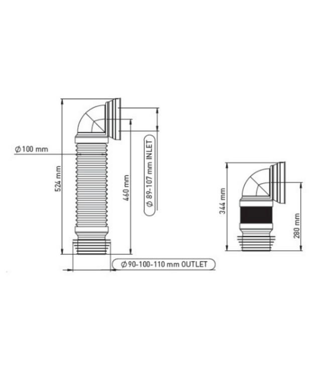 ALONI flexibel WC aansluitstuk – Bocht 90° – Conisch Ø90-110