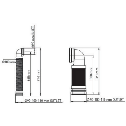 ALONI wand aansluitbocht 90° – Flexibel conisch Ø90-110 – Lengte 66 cm