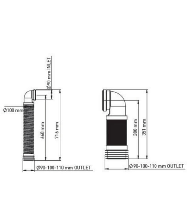 ALONI wand aansluitbocht 90° – Flexibel conisch Ø90-110 – Lengte 66 cm