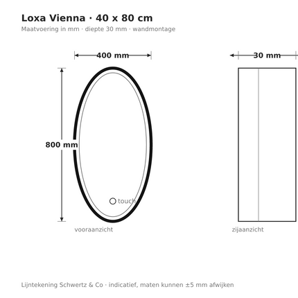 Lijntekening Loxa Vienna Ovale LED Spiegel 40 x 80 cm - Zwarte Lijst - maatvoering in mm