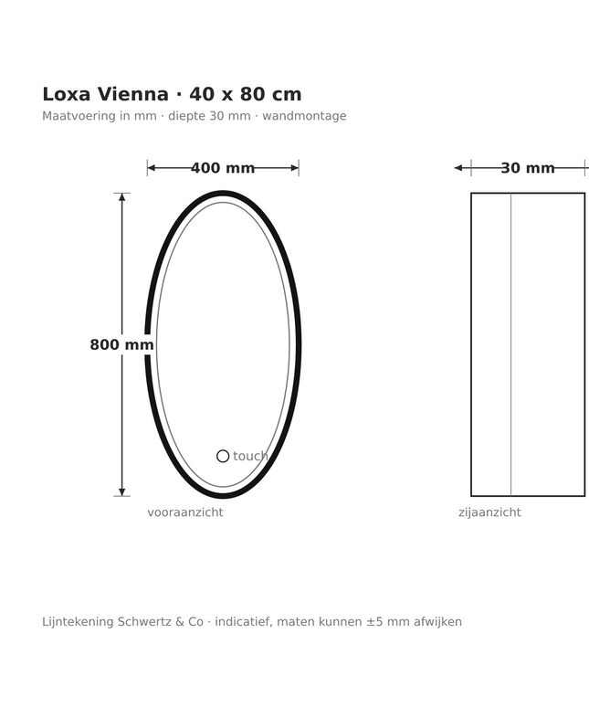 Lijntekening Loxa Vienna Ovale LED Spiegel 40 x 80 cm - Zwarte Lijst - maatvoering in mm