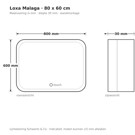 Lijntekening Loxa Malaga LED Spiegel 80 x 60 cm - Rechthoek - maatvoering in mm