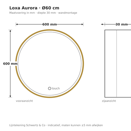 Lijntekening Loxa Aurora Ronde LED Spiegel Ø60 cm - Gouden Lijst - maatvoering in mm