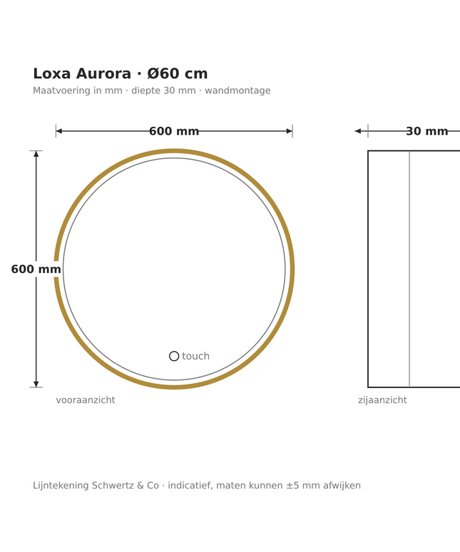 Lijntekening Loxa Aurora Ronde LED Spiegel Ø60 cm - Gouden Lijst - maatvoering in mm