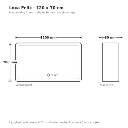 Lijntekening Loxa Felix LED Spiegel 120 x 70 cm - Rechthoek - maatvoering in mm