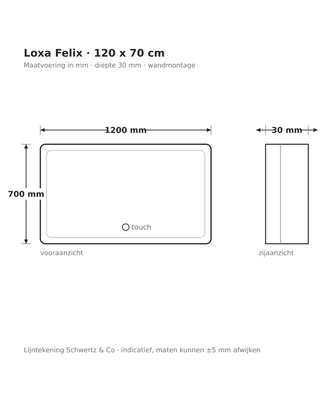 Lijntekening Loxa Felix LED Spiegel 120 x 70 cm - Rechthoek - maatvoering in mm