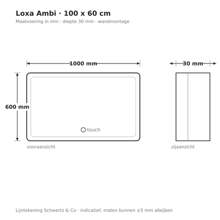 Lijntekening Loxa Ambi LED Spiegel 100 x 60 cm - Rechthoek - maatvoering in mm