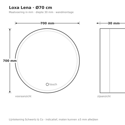 Lijntekening Loxa Lena Ronde LED Spiegel Ø70 cm - maatvoering in mm