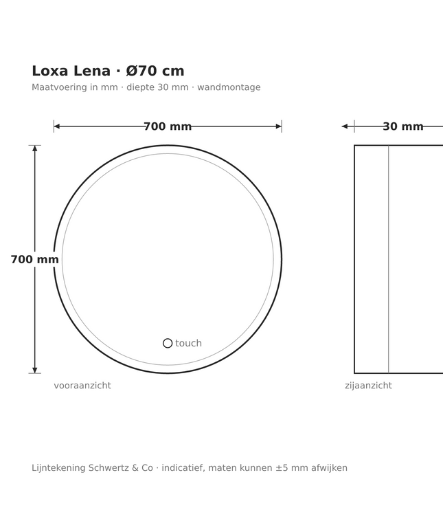 Lijntekening Loxa Lena Ronde LED Spiegel Ø70 cm - maatvoering in mm