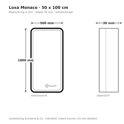 Lijntekening Loxa Monaco LED Spiegel 50 x 100 cm - Rechthoek, Zwarte Lijst - maatvoering in mm