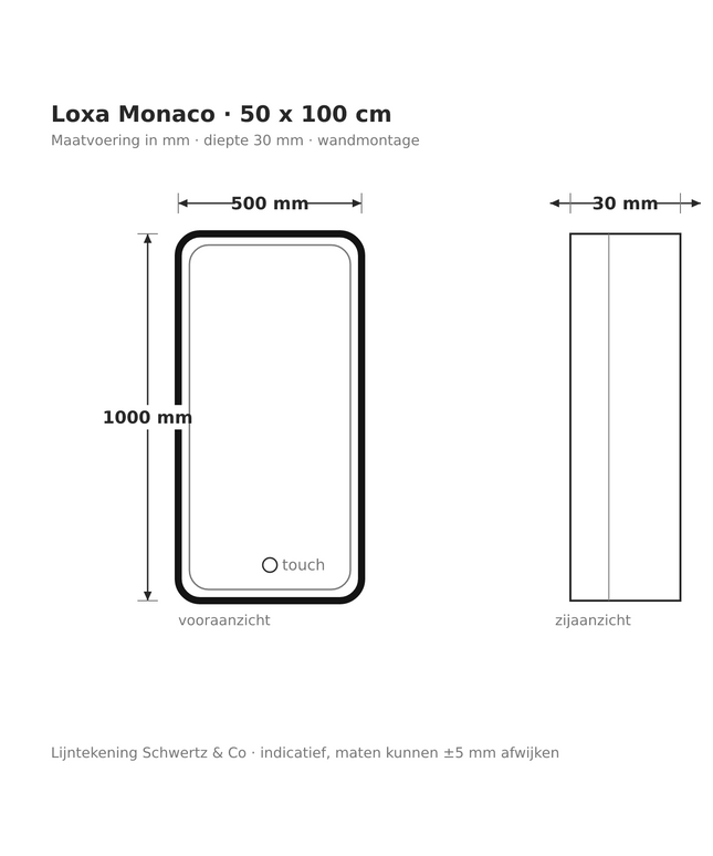 Lijntekening Loxa Monaco LED Spiegel 50 x 100 cm - Rechthoek, Zwarte Lijst - maatvoering in mm