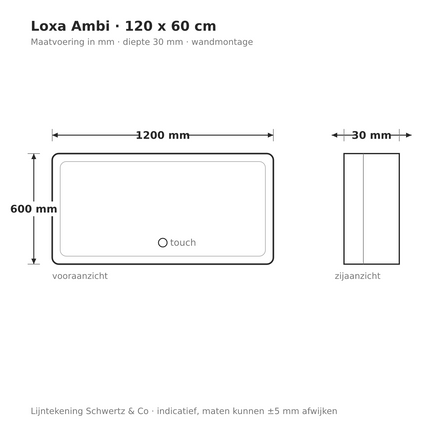 Lijntekening Loxa Ambi LED Spiegel 120 x 60 cm - Rechthoek - maatvoering in mm