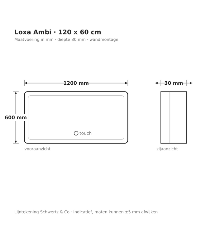 Lijntekening Loxa Ambi LED Spiegel 120 x 60 cm - Rechthoek - maatvoering in mm
