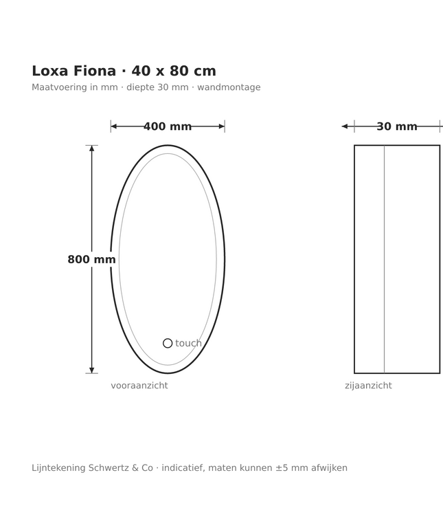 Lijntekening Loxa Fiona Ovale LED Spiegel 40 x 80 cm - maatvoering in mm