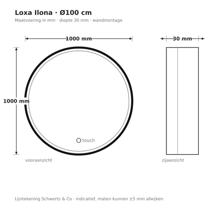 Lijntekening Loxa Ilona Ronde LED Spiegel Ø100 cm - Zwarte Lijst - maatvoering in mm