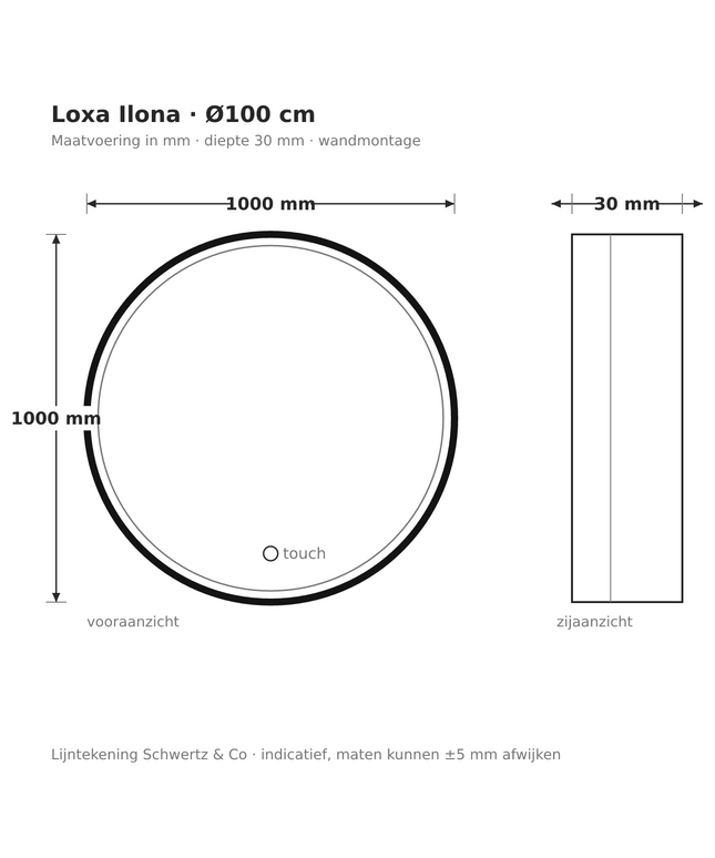 Lijntekening Loxa Ilona Ronde LED Spiegel Ø100 cm - Zwarte Lijst - maatvoering in mm