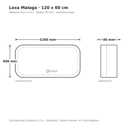 Lijntekening Loxa Malaga LED Spiegel 120 x 60 cm - Rechthoek - maatvoering in mm